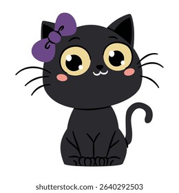 Cute vector illustration in cartoon style. Black cat in a witch's hat. Children's illustration for Halloween holiday 