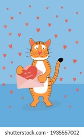 Cute vector illustration of cartoon tiger - symbol of Chinese New Year 2022 on blue background. Animal is holding pink envelope with heart shaped Valentines card. Can be used for your calendar design