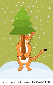 Cute vector illustration of cartoon tiger - symbol of Chinese New Year 2022 on winter background. Animal brings Christmas tree from a forest. Can be used for your calendar design