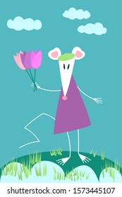 Cute vector illustration with cartoon triangle shaped white rat or mouse - symbol of Chinese New Year 2020 on early spring background. Rat is holding tulips. Can be used for your calendar design