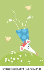 Cute vector illustration with cartoon triangle shaped white rat or mouse - symbol of Chinese New Year 2020 on spring background. Rat have fun on April fools day. Can be used for your calendar design
