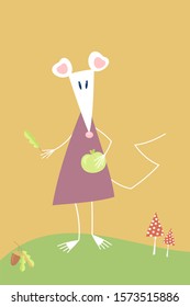 Cute vector illustration with cartoon triangle shaped white rat or mouse - symbol of Chinese New Year 2020 on autumn background. Rat is holding apple and oak leaf. Can be used for your calendar design