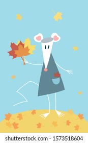 Cute vector illustration with cartoon triangle shaped white rat or mouse - symbol of Chinese New Year 2020 on autumn background. Rat is holding maple leaves. Can be used for your calendar design