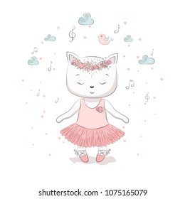 Ilustración vectorial con gatito para el desgaste del bebé y tarjeta de invitación.
