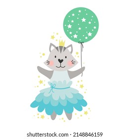 Cute vector illustration of a cat ballerina in a balloon. Design element.