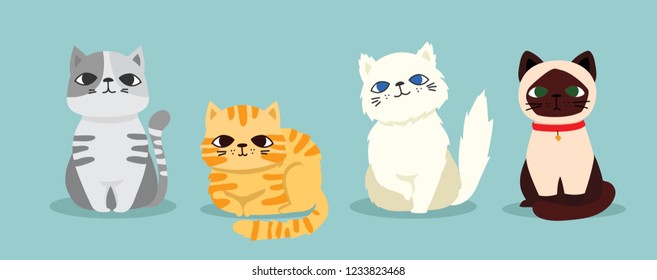 Cute vector illustration of cat breeds,  pet animal set 