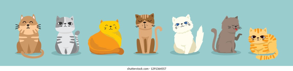 Cute vector illustration of cat breeds, pet animal set in a cartoon flat style