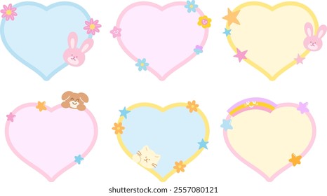 Cute vector illustration of cat, bunny, puppy, flower, star, rainbow with heart shaped blank space for name tag, text bubble, sticker, animal print, memo note, sticky note, notepads, paper design