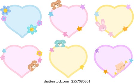 Cute vector illustration of cat, bunny, puppy, flower, stars with heart shaped blank space for name tag, text bubble, sticker, animal print, memo note, sticky note, notepads, paper design, pet shop