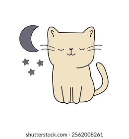 Cute vector illustration of a cat with a crescent moon and stars