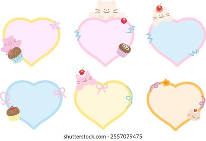 Cute vector illustration of cat, cupcake, flowers with heart shaped blank space for name tag, text bubble, sticker, sweet dessert, animals, memo note, sticky note, notepads, paper design, gift wrap