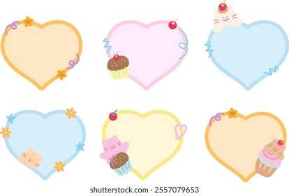 Cute vector illustration of cat, cupcake, flowers with heart shaped blank space for name tag, text bubble, sticker, animal print, memo note, sticky note, notepads, paper design, post card, gift wrap