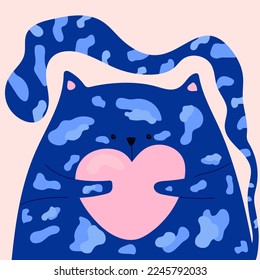 Ilustración vectorial con un gato. Banner abstracto decorativo con gato colorido. Ilustración moderna de mano con gato y corazón