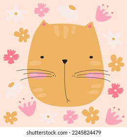 Cute vector illustration with a cat. Decorative abstract banner with colorful cat. Hand drawn modern illustration with cat and flowers. doodle style flowers and cat