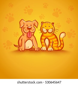 Cute vector illustration of cat and dog. Pets on yellow background.