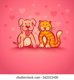 Cute vector illustration of cat and dog for Valentine day. Pets on pink background with hearts.