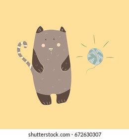 Cute vector illustration of a cat with his ball yarn