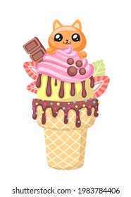 Cuta ilustración vectorial de un gato en un cono de helado con fresas y chocolate.