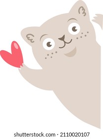 Cute vector illustration. The cat looks out and holds a heart. Flat vector illustration