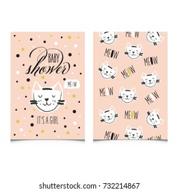 Cute vector illustration with cat on the dots pattern. Baby shower or birthday invitation card design. Hand written narrow font. Meowing sleeping cat. Card, banner template, poster or pattern design.