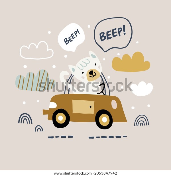 cute vector illustration with cat riding a\
car with clouds, rainbows, beep sign. Perfect for kids clothing,\
textile, print. Kids cat\
illustration