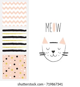 Cute vector illustration with cat and set of patterns. For birthday invitation or baby shower.
Hand written narrow font. Meow cat. Card, banner template, poster or t-shirt design.