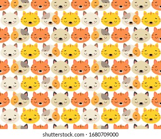 Cute vector illustration with cats of different breeds. Seamless pattern. Background. Adorable cartoon pets faces. For design, print on fabric, wallpaper, children's decor.