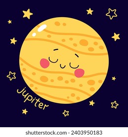 Ilustración vectorial de carácter del planeta jupiter con leyenda y estrellas sobre fondo azul oscuro