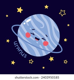 Cuta ilustración vectorial del personaje planeta Urano con leyenda y estrellas en fondo azul oscuro