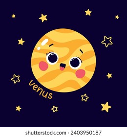 Cute vector illustration character planet venus with caption and stars on dark blue background
