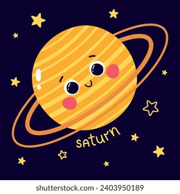 Cute vector illustration of character planet saturn with caption and stars on dark blue background