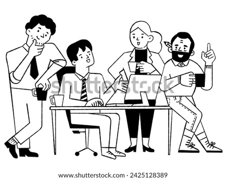 Cute vector illustration character of young business teamwork, happy and smiling, having conversation together. Outline, thin line art, hand drawn skecth design. 