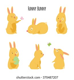 Cute vector illustration of cheerful rabbits in various poses. Set of rabbits for greeting cards for Easter, spring, or other holidays or scrapbook