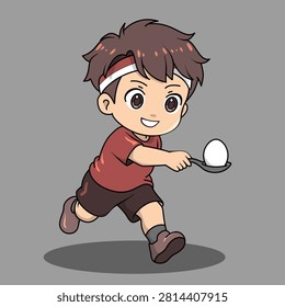 Cute vector illustration of a chibi boy participating in an egg and spoon race. The character wears a red t-shirt, brown shorts, brown shoes, and a red and white headband with a cheerful and focused expression. He is running carefully while balancing a white egg on a spoon. Isolated on light gray background. Perfect design for Indonesia Independence Day 17th August, traditional games, competition, fun activity, and children celebration concept.