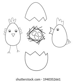 Cute vector illustration with chicken, egg shell, nest with eggs. Vector stock desing black outline isolated. For background, concept of farming eggs.