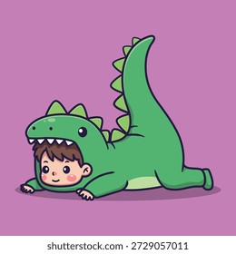 Cute Vector Illustration of a Child in Green Dinosaur Costume Lying Down with Cheerful Expression on Purple Background