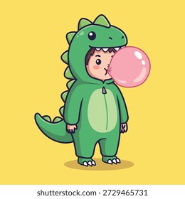 Linda Ilustración vectorial de un niño en traje de dinosaurio verde que sopla goma de mascar sobre fondo amarillo