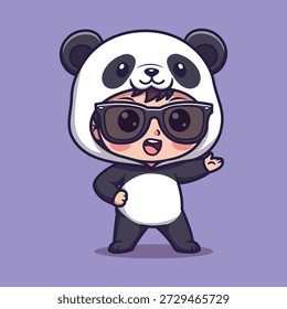 Ilustração vetorial bonito de uma criança no traje de panda com óculos escuros no fundo roxo claro