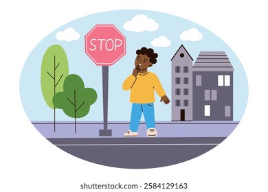 Cute vector illustration of child standing on sidewalk and looking at stop sign in urban setting. Little boy curious about road safety, learning signs. Buildings, trees doodles in flat cartoon style