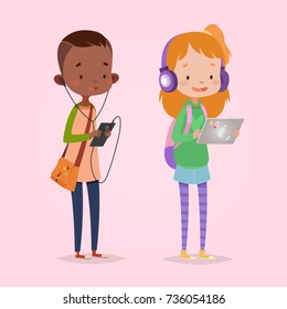 Cute vector illustration for children. Cartoon style. Isolated character. Modern technologies for kids. Girl with tablet and headphones. Boy with smart phone and headphones.