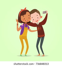 Cute vector illustration for children. Cartoon style. Isolated character. Modern technologies for kids. Boy and girl friends making photo.