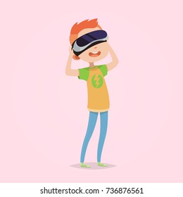 Cute vector illustration for children. Cartoon style. Isolated character. Modern technologies for kids. Boy with virtual reality device.
