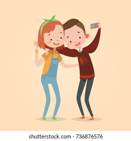 Cute vector illustration for children. Cartoon style. Isolated character. Modern technologies for kids. Boy and girl friends making photo.