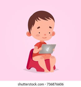 Cute vector illustration for children. Cartoon style. Isolated character. Modern technologies for kids. Baby toddler boy with tablet.