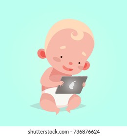 Cute vector illustration for children. Cartoon style. Isolated character. Modern technologies for kids. Baby toddler boy with tablet.