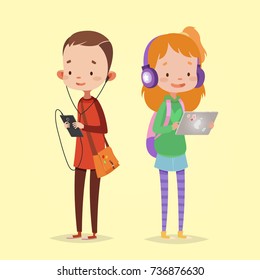 Cute Vektorgrafik für Kinder. Cartoon-Stil. Einzelnes Zeichen. Moderne Technologien für Kinder. Mädchen mit Tablette und Kopfhörer. Junge mit Smartphone und Kopfhörern.