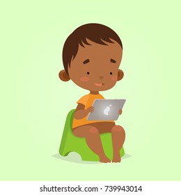 Cute vector illustration for children. Cartoon style. Isolated character. Modern technologies for kids. Baby toddler boy with tablet on a potty.
