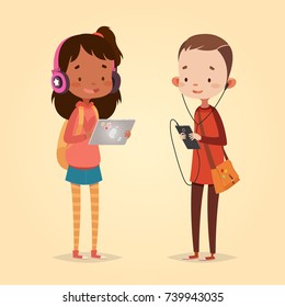 Cute vector illustration for children. Cartoon style. Isolated character. Modern technologies for kids. Girl with tablet and headphones. Boy with smart phone and headphones.