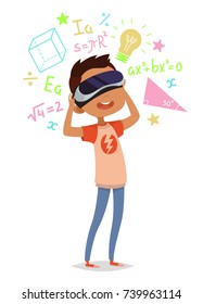 Cute vector illustration for children. Cartoon style. Isolated character. Modern technologies for kids. Boy with virtual reality device. Learning and education.