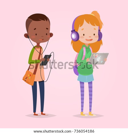 Cute vector illustration for children. Cartoon style. Isolated character. Modern technologies for kids. Girl with tablet and headphones. Boy with smart phone and headphones.